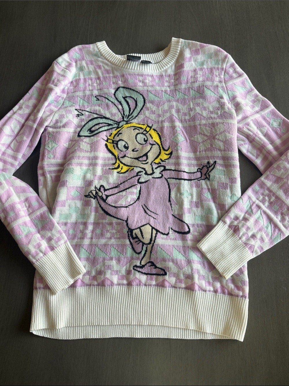 Pink Graphic Crewneck Sweater with Cartoon Motif